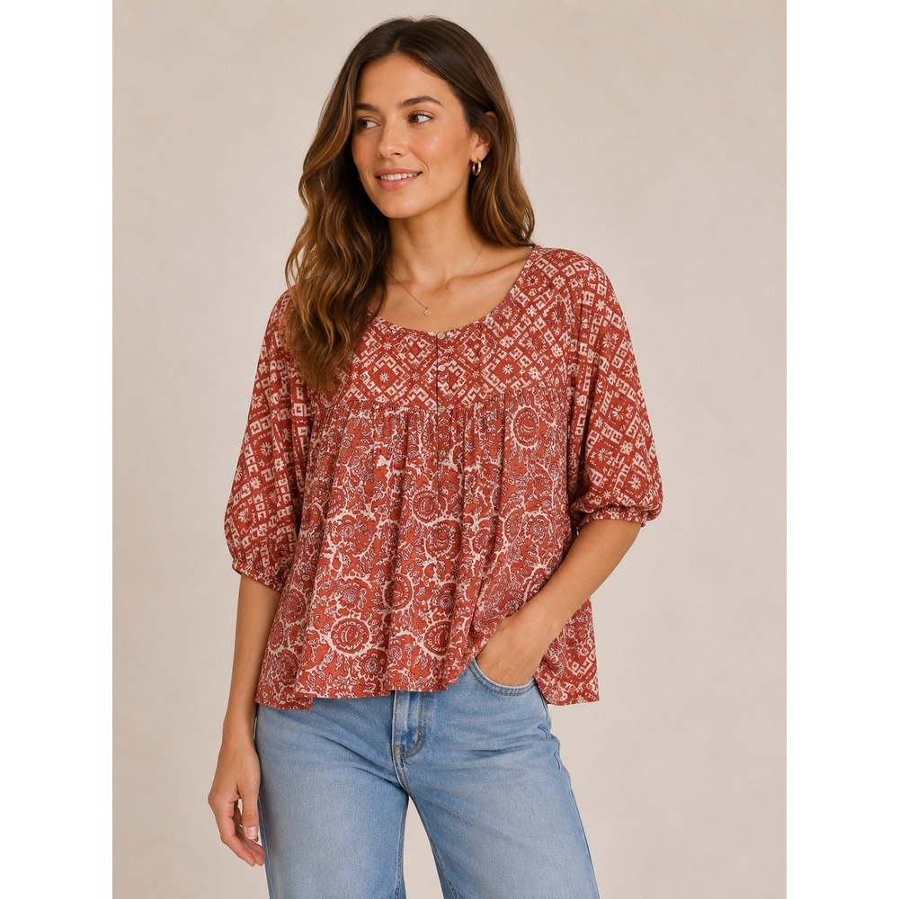 Lucky Brand Boho Floral Geometric Print Blouse Top 3/4 Sleeve L